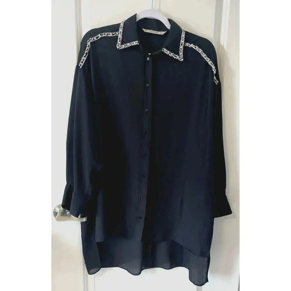 Zara Basic Women's Black Button-Up Shirt Pearl Detail Long Sleeve Size Small - Picture 1 of 7